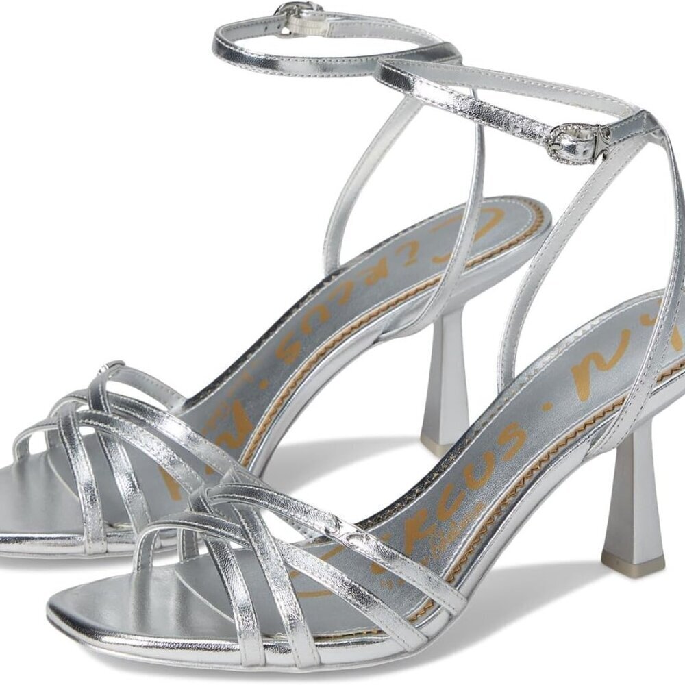 Women's Leather Heeled Sandal 3 Inch Buckle Strap Soft Silver Size 8